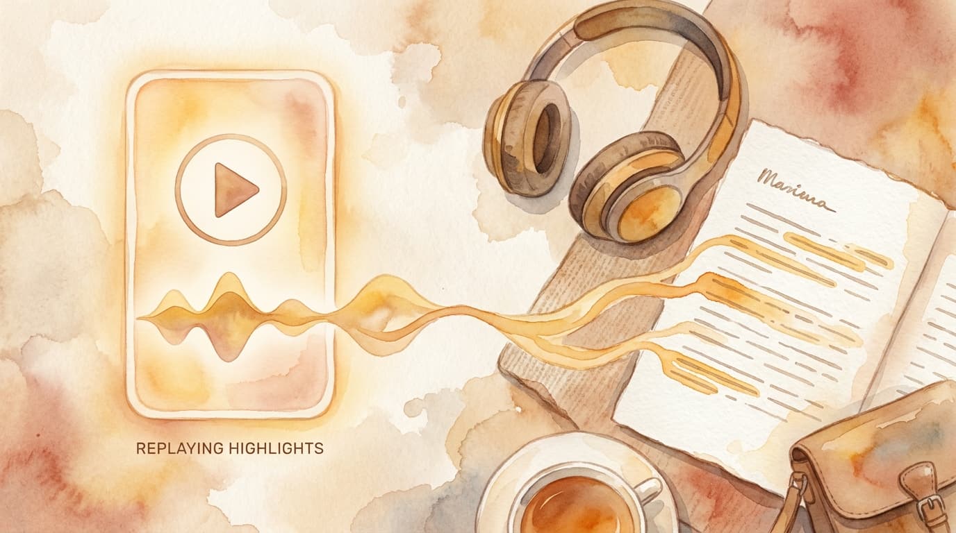 A phone playing an audio card next to headphones and a highlighted article